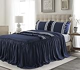 bednlinens&things 3PC Feminine, Shabby Chic Ruffle Skirt Bedspread Comfy Decorative Cover Twin, Queen, King (Emma Navy, King)