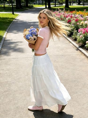 Image of Verdusa Women's Long Maxi Skirt Boho Flowy Flared Ruffle Skirts 2026 Beach Vacation Summer Going Out Outfits