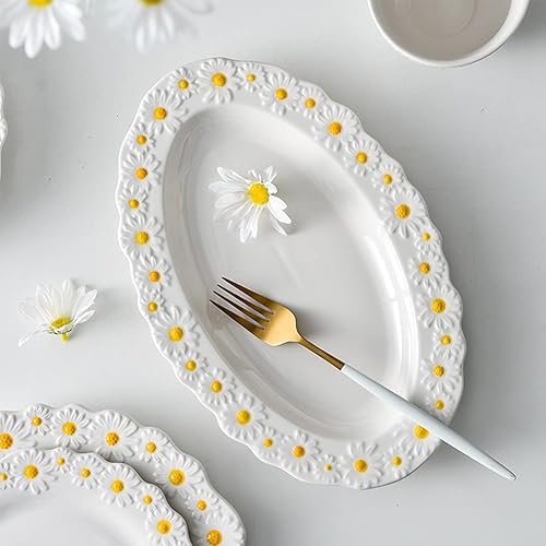 Miniatura 4 de WAYUTO - Plato plano de cerámica con diseño de margaritas en relieve, plato de postre pequeño con borde de margarita, plato de comedor irregular