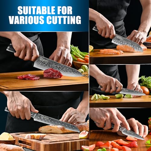 Image of Sunnecko Damascus Kitchen Knife Set 5 Piece, Sharp Chef Knife Set Professional Kitchen Knives Sets Full Tang with Gift Box