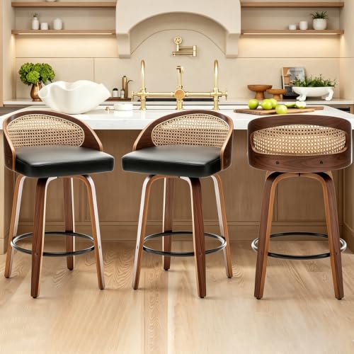 Image of Swivel Rattan Bar Stools Set of 3 with Back,Black Leather barstool chairs