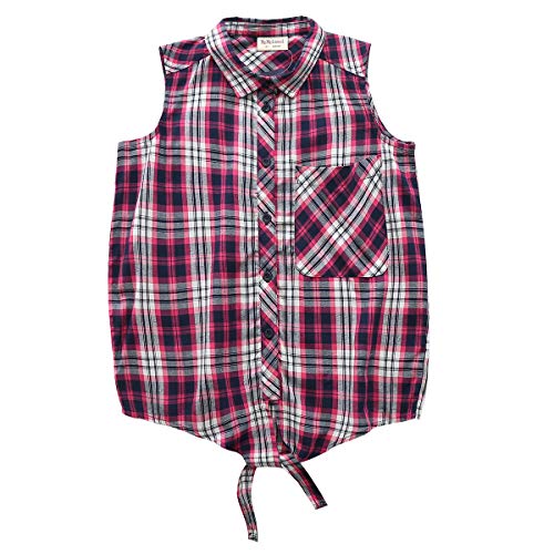 Little Big Girls Sleeveless Woven Plaid Button Down Shirts with Collar Red Black Navy Color
