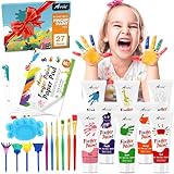 27PCS Kids Washable Finger Paint Set, 8 Colors Non Toxic Finger Paints, Finger Paint Paper, Brushes, Sponges, Art Painting Supplies for Toddlers,Finger Painting Supplies for Kids Boys Girls Gifts