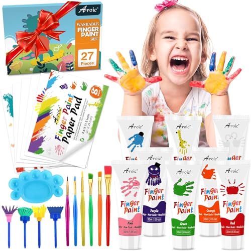 27PCS Kids Washable Finger Paint Set, 8 Colors Non Toxic Finger Paints, Finger Paint Paper, Brushes, Sponges, Art Painting Supplies for...