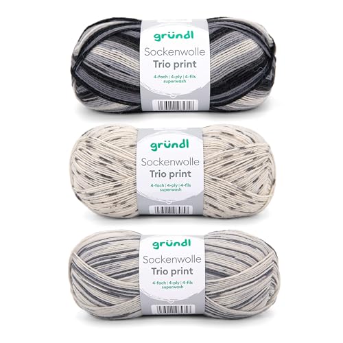 Gründl Wolle Sockenwolle Trio - Strickgarn für 3 Paar Socken - Strapazierfähig und hautfreundlich - 75% Schurwolle, 25% Polyamid - 3 Knäuel 100 g / 420 m - Nadelstärke 2,5-3 - grau beige