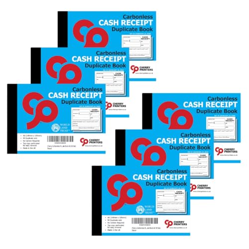 Cherry Printers | Carbonless Cash Receipt Book 2pt A6 | Duplicate NCR Receipt Book | 50 Duplicate Sets | No Carbon Required