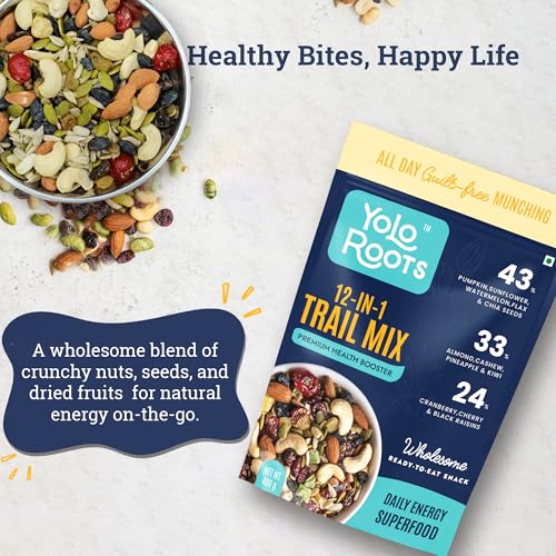 Image of Yolo Roots Trail Mix | Roasted 12-in-1 Dry Fruit & Nut Mix with Almonds, Cashews, Cranberries Pumpkin,Chia & Sunflower Seeds | High Protein & Fibre | No Added Sugar | Healthy Anytime Snack