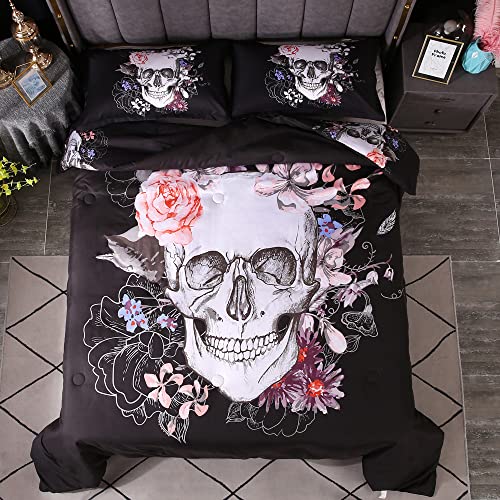 Mrbay Floral Skull Comforter Sets Skull Bedding Set 3D Digital Print Skeleton Floral Skull 3 Pieces Bedding Sets With 1 Comforter 2 Pillowcase(Queen, Multicolor) #TOP3