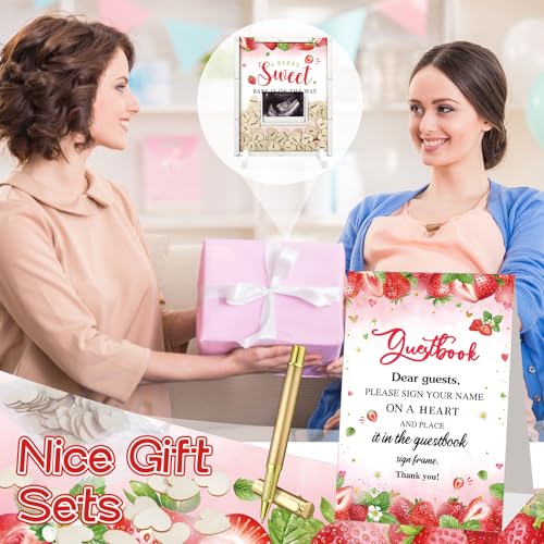 Image of Beeveer 65 Pcs Strawberry Baby Shower Guest Book Alternatives Baby Shower Sign in Guest Book Decoration with 1 Photo Frame 60 Heart Wood Slices for 60 Guests Strawberry Sonogram Frame Keepsake