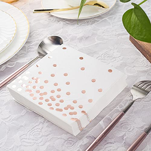 80 Pack Of White Paper Cocktail Napkins With Gold Foil Polka Dot Confetti，Polka Dot Party Supplies(5 X 5 In，3-Ply) (Rose Gold) #TOP1