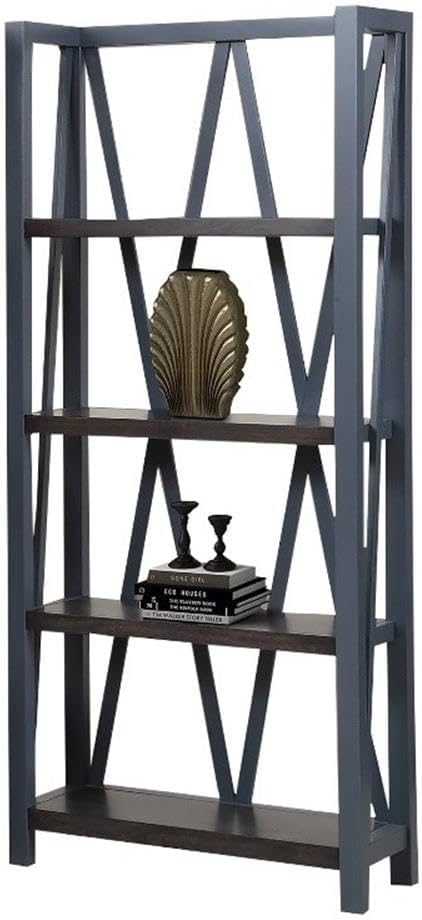 Bowery Hill Traditional Wood Etagere Bookcase, 76"H x 32"W x 14"D, Poplar Solids and Birch Veneers, Denim Blue Finish, Contrasting Sable Shelves, Fixed Shelving, Decorative Cross Members for Home or