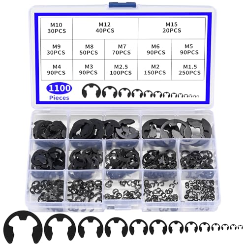 1100 Pcs E-Clip Retaining Rings, C Clips E Clips Assortment Kit, Snap Rings, Black Metal Snap Ring Kit for Auto Parts Repair, Machinery Maintenance, Industrial Equipment (13 Sizes)