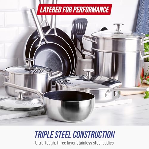 Image of Blue Diamond Cookware Tri-Ply Stainless Steel Ceramic Nonstick, 15 Piece Cookware Pots and Pans Set, PFAS-Free, Multi Clad, Induction, Dishwasher Safe, Oven Safe, Silver