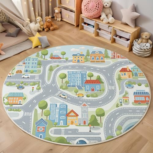 HASLEFND Teppich Kinderzimmer Babyzimmer Cartoon-Illustrationen Stadtplan -Motiv Runder Teppich pflegeleicht