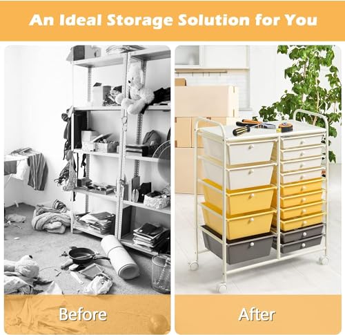 Image of LDAILY 15 Drawer Rolling Storage Cart, Rolling Cart with Drawers for Classroom, Art Supply Craft Organizer on Wheel with Metal Frame & Handles for Home Office School