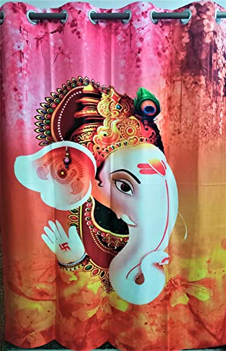 Image of 3D Digital Printed Heavy Fabric Shri Ganesha God Design Curtains for Pooja Room, Temple, Home, 4x9 feet, Set of 1 Pc