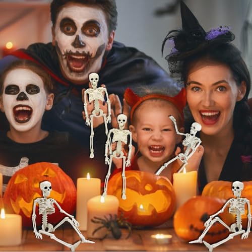 Halloween Deko Skelett, 2 Mini Hängende Skelett 40cm Plastikskelett Ganzkörper mit beweglichen Gelenken – Gruselige Dekoration für Innen/Außen, Party, Garten, Tür