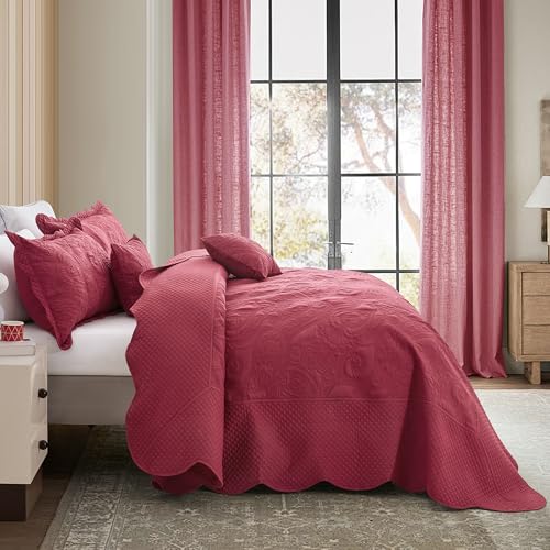 Image of Oversized King Bedspread, Stitched Paisley Quilt Set King /Cal King, Lightweight Reversible Coverlet, Scalloped Edge - Rich Traditional Classic Look, 5 Piece, Wine Red