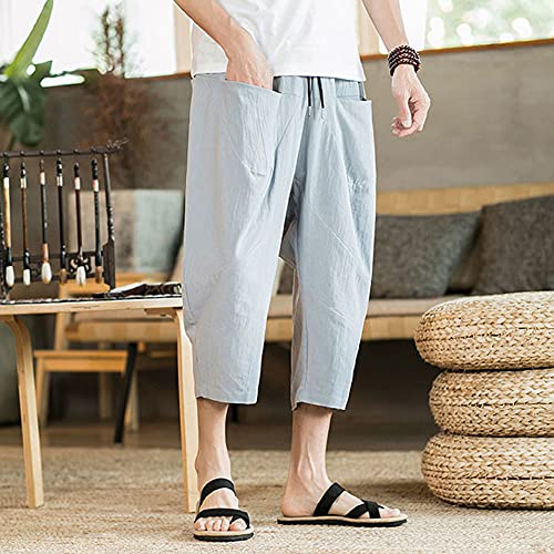Astellarie Mens Casual Linen Capri Pants Elastic Waist Wide Leg Loose fit Baggy Harem Cotton Shorts Pants for Summer Beach3