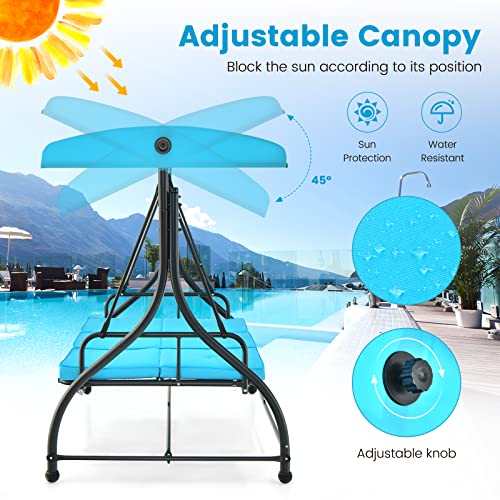 Tangkula 3 Person Porch Swing, 2-in-1 Convertible Patio Bed with Removable Cushions, Solid Steel Structure, Outdoor Swing with Adjustable Canopy for Backyard, Balcony, Poolside (Turquoise)
