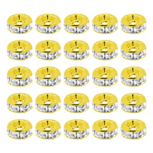 Mandala Crafts 6mm Crystal Rhinestones Gold Tone Metal Rondelle Spacer Beads for Jewelry Making DIY Beaded Pens - 100 Rondelles Crystal Beads for Bracelets, Necklaces, Charms