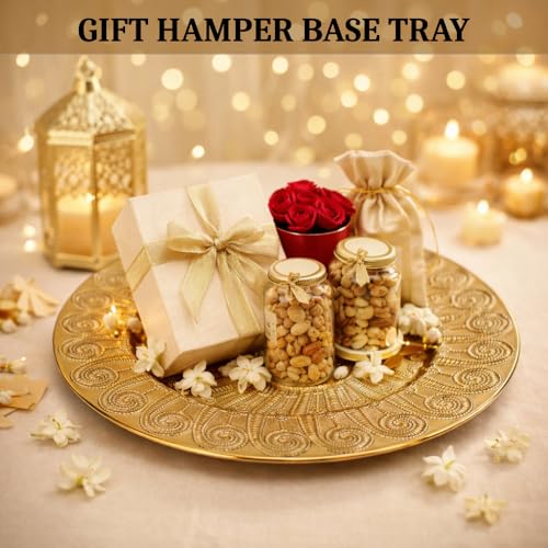 Image of Luxury Gold Decorative Plate | Pooja Thali, Gift Hamper Base, Charger Plate & Decorative Platter for Home Decor, Wedding & Festive Gifting