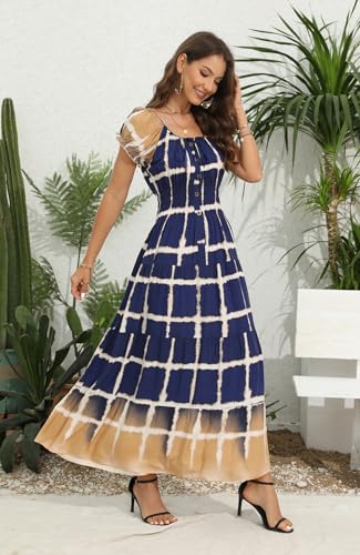 Image of OSTOO Women's Floral Maxi Dress Boho Summer Short Sleeve Smocked Waist Tiered Long Dress