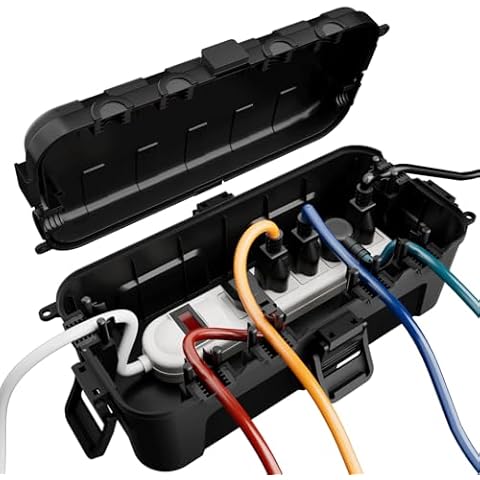 Flemoon Medium Outdoor Electrical Box (11.5x5.2x4 inch), IP54 Waterproof Extension Cord Cover w/ 6 Cable Entry Ports, Weatherproof Connection Box for Power Strip, Timer, Plug, Holiday Lights, Black Cover