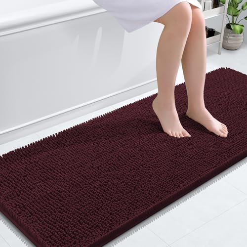Image of OLANLY Bathroom Runner Rugs 59x24, Soft Absorbent Chenille Bath Rugs, Rubber Backing Quick Dry, Machine Washable Long Bath Mats for Bathroom Floor, Tub and Shower, Home Decor Accessories, Black Cherry