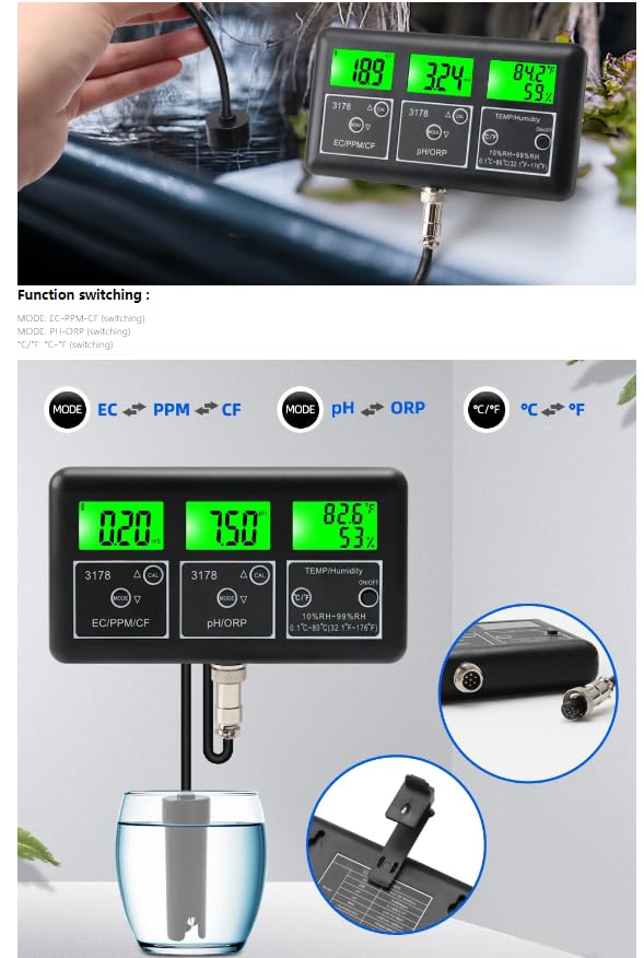 VIHELM RS485-3178 showing function switching buttons for EC/PPM/CF, pH/ORP, and temperature units