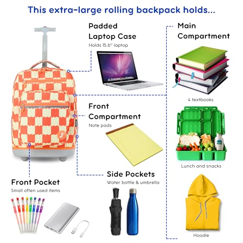Image of J World Sundance Laptop Rolling Backpack for Girls Boys. Roller Bookbag with Wheels, 20 Inch, Wiggle Coral