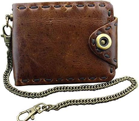 Vintage Biker Leather Bifold Snap Wallet With Chain for Mens or Boys