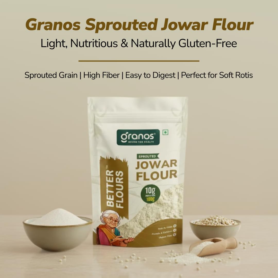 Granos Sprouted Jowar Flour 900g, Sorghum / Jowar Atta Pouch, High in Protein & Fiber, Gluten Free, Ideal for Rotis, Dosa, Baking, Help in Weight Loss, Diabetics, Gut Health, 100% Whole Grain (Pack of 1) - Image 2 thumbnail