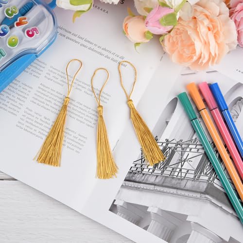 Image of 100 Pcs Bookmark Tassels Bulk Gold Soft Craft Silky Handmade Mini Tassels for Jewelry Making with Loops for DIY Craft Accessory Dress Decoration