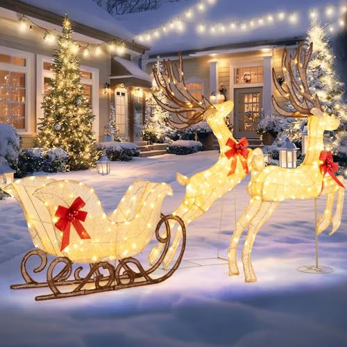 COSTWAY 3-teiliges LED Rentier mit Schlitten, Weihnachtsdeko,...