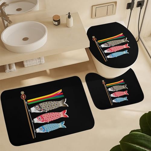 トイレマット 鯉のぼり 和風 和柄 バスマット 3点セット ふたカバー 吸水 おしゃれ 滑り止め トイレ床マット カーペット フタカバー 便座カバー U型 O型 兼用 浴室 家庭用