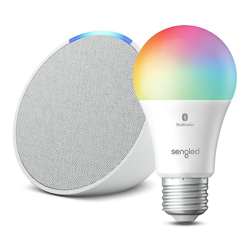 Echo Pop | Glacier White with Sengled Smart Color Bulb | Alexa smart home starter kit