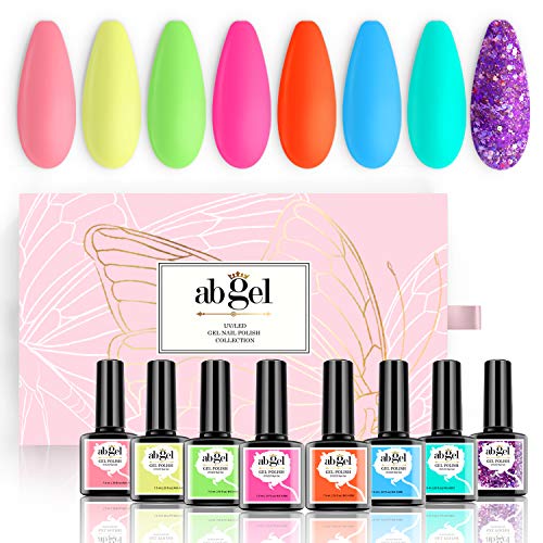 ab gel 8 Colors Gel Nail Polish Set,Bright Neon Series Teal Orange Hot Pink Gel Polish Soak Off UV LED Neon Nail Gel Polish for Spring Summer Gel Manicure Kit,7.5ml Each Bottle