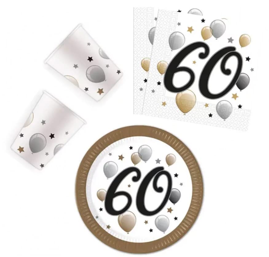 ILS I LOVE SHOPPING - Kit de decoración par Fiestas de cumpleaños - Decoración de Mesa para 8 Personas - El Kit Incluye 8 Platos de 23 cm, 8 Vasos y servilletas - Decoración para 60 años