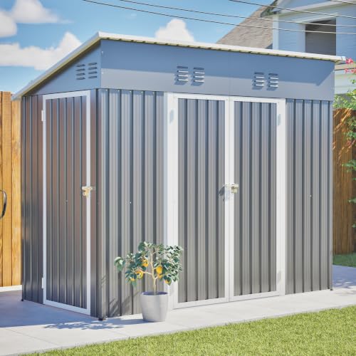 Image of YOPTO 4x8 FT Outdoor Storage Shed with Floor Frame,Metal Shed W /Left /Right Optional Lockable Door,Heavy-Duty Garden Tool Storage House W / 4 Air Vents & Sloping Roof,for Backyard,Patio,Lawn,Gray