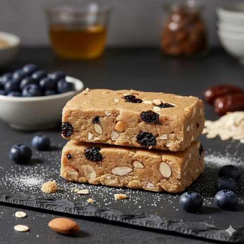 Image of GoodEats Blueberry Protein Bar | Protein Blend (Soya Isolate + Whey Concentrate) | 23.1g Protein (Per 65g) | Naturally Occuring Sugars, Maximum Impact | Dates + Nuts | With Prebiotic Fiber | 65g x 4