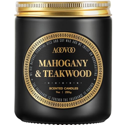 AOOVOO Scented Candles for Men - Mahogany & Teakwood Candles for Home Scented | Soy Candles | Strong Fragranced Masculine Black Candle Gift for Women & Men 9oz