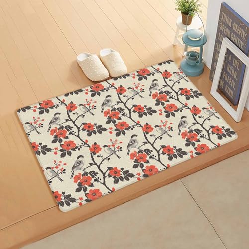 Japanese Antifatigue Kitchen Bath Door Mat Cushioned Runner Rug,Washable Welcome Floor Sink Mat,Waterproof & Non-Slip Standing Doormat for Kitchen,Cherry Blossom Tree Branch Birds Spring 18