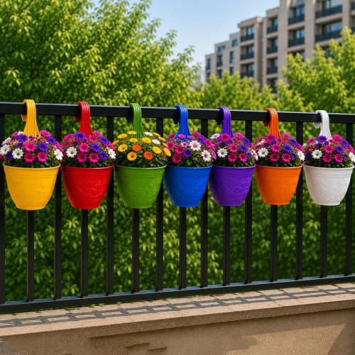 Image of Go Hooked Hanging Planter Pots for Balcony Railing Pack of 7 | Small Plastic Victor Hook Flower Pots for Fence, Grill & Balcony (Multicolor, 16.5x9x19 cm) | Decorative Planters for Home Garden Decor