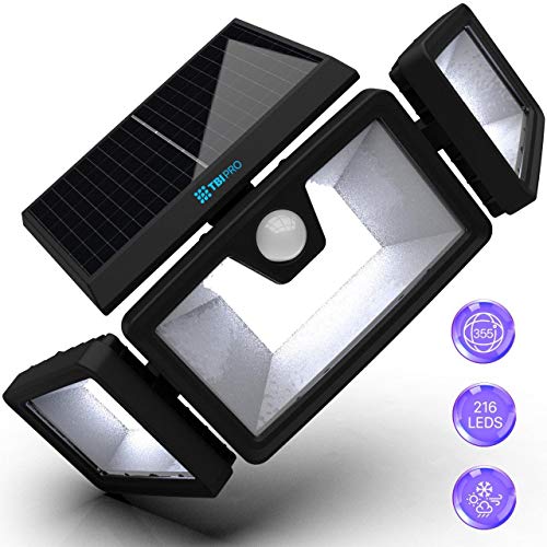 TBI Security Solar Lights Outdoor 216 LED 2200LM, 6500K, 7W - Extra-Wide Adjustable 360° 3 Heads with 3 Modes, Wireless Motion Sensor 40ft - Waterproof IP65 Spot Flood Lights Solar Powered 2200mah - Thumbnail 5