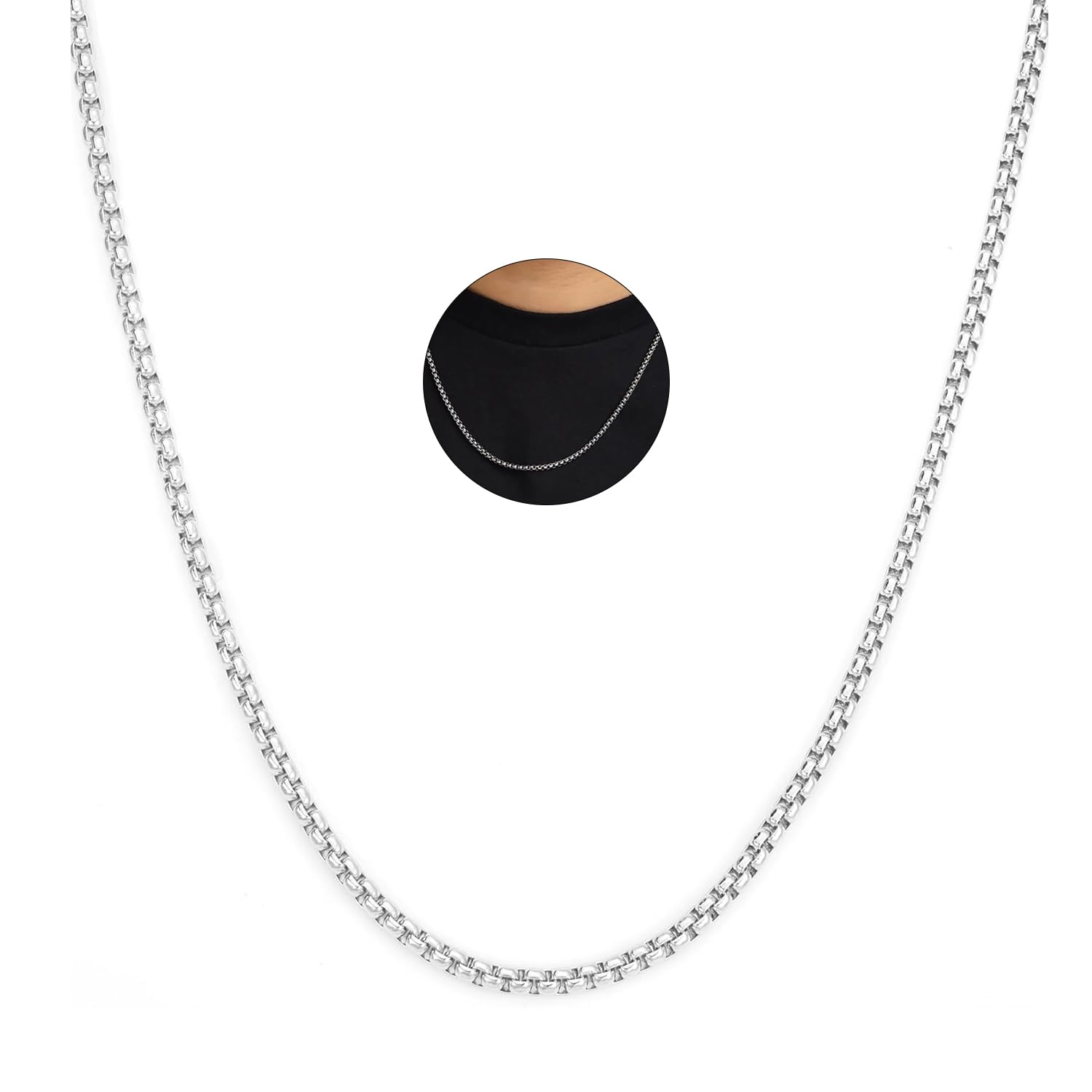 FASHIONS Classic Simple Stainless Steel Silver Western Charm Stylish Neck Box Necklace Chains for Men Boys