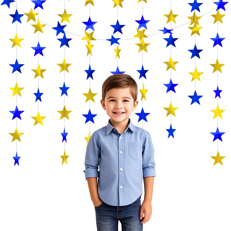 Image of Blue Gold Shining Star Hanging Garland Blue Gold Hanging Sparkling Star Streamer Glitter Bunting Banner Twinkle Backdrop for Wedding Baby Shower Birthday Christmas Decorations 40 Feet