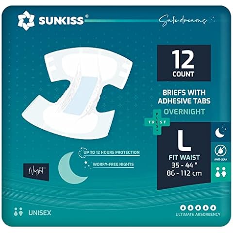 SUNKISS TrustPlus Overnight Adult Diapers with Tabs, Unisex Disposable Incontinence Briefs for Men and Women, Odor Control, Large, 12 Count Cover