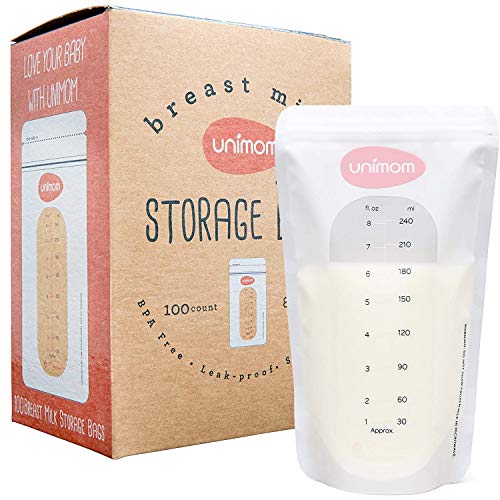 Unimom 100 Breastmilk Storage Bags - 8oz – Zip-Top Leak Proof Closure - Self Standing, BPA Free, Pre Sterilized - Graduated Measurement Markings – Easy Tear for Pouring