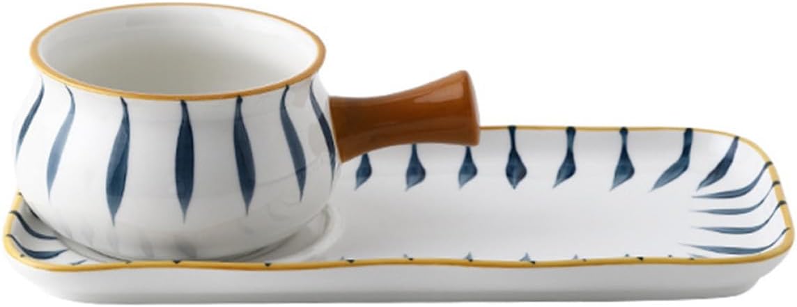 GLEAVI Ceramic Milk Heating Pot and Noodle Soup Pan Set 650ml Hand-painted Handle Stovetop Saucepan for Cooking and Heating